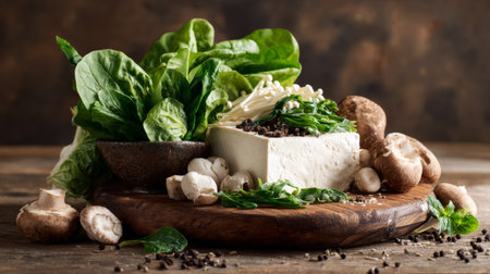 A beautifully arranged composition featuring fresh tofu accompanied by vibrant spinach, various mushrooms, and dark lentils on a wooden board, perfect for healthy cooking.の素材