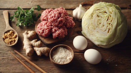 A beautiful arrangement of fresh cooking ingredients including ground meat, cabbage, garlic, ginger, and eggs on a rustic wooden table, perfect for meal preparation.の素材