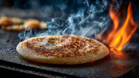 This captivating image showcases a hot dosa sizzling on a griddle, surrounded by flames and smoke, highlighting the delicious essence of traditional Indian cooking.の素材
