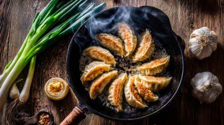 A stunning image showcasing delicious pan-fried dumplings in a cast iron skillet, surrounded by fresh garlic and spring onions, perfect for food enthusiasts.の素材