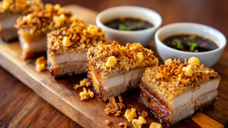 Mouth-watering crispy pork belly with a golden crackling served alongside rich dipping sauces on a rustic wooden board, ideal for culinary highlights and food lovers.の素材