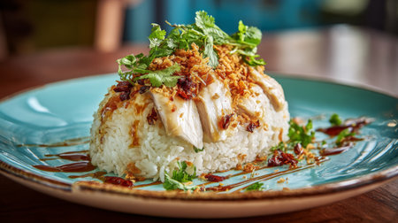 A beautifully plated dish featuring steamed rice topped with tender chicken, fresh herbs, and a savory sauce, perfect for food lovers and culinary enthusiasts.の素材