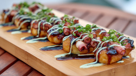 A beautifully plated gourmet grilled octopus drizzled with rich sauces and garnished with fresh herbs, showcasing a vibrant culinary experience in fine dining.の素材