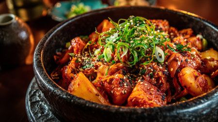 Experience the vibrant flavors of Korean hot pot, featuring fresh vegetables bathed in a spicy sauce, beautifully served in a rustic stone bowl, perfect for culinary enthusiasts.の素材