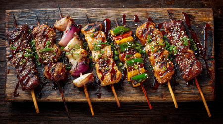 A vibrant display of grilled skewers showcasing tender meat and colorful vegetables, drizzled with savory sauce, perfect for any summer gathering or outdoor feast.の素材