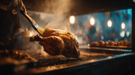 A flavorful grilled chicken is flipped on a barbecue grill, releasing steam and smoke in a vibrant outdoor setting, perfect for summer gatherings and delicious meals.の素材