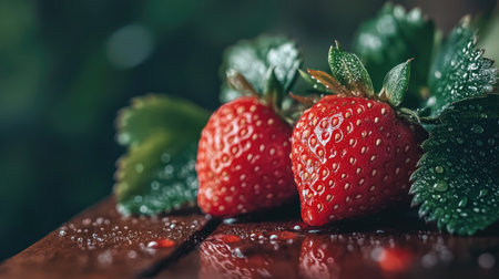 Fresh strawberries glisten with dew droplets, showcasing their vibrant red color against lush green leaves, perfect for highlighting natural sweetness and freshness.の素材