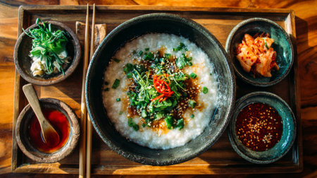 A beautifully presented rice porridge dish topped with fresh herbs and spices, accompanied by traditional side dishes, perfect for a cozy meal experience.の素材