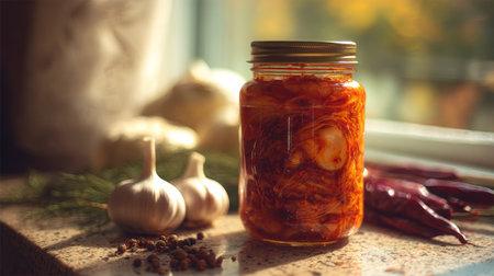 A vibrant glass jar filled with homemade kimchi sits on a sunlit kitchen counter, surrounded by garlic cloves and spices, showcasing delicious fermentation.の素材