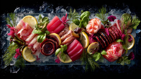 A vibrant seafood platter featuring a variety of fresh fish slices, shrimp, lemon wedges, and herbs, beautifully presented on crushed ice for an elegant feast.の素材
