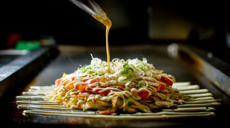 A beautifully prepared okonomiyaki showcasing fresh vegetables and savory flavors, all enhanced by a delicate drizzle of sauce on a hot grill, perfect for culinary enthusiasts.の素材
