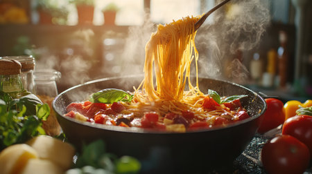 A steaming bowl of freshly cooked pasta rests in a rustic kitchen, surrounded by vibrant ingredients. Perfect for culinary inspiration and delicious meals.の素材