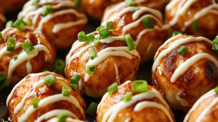 These delectable round treats are topped with creamy sauce and fresh green onions, perfect for any meal or snack time. A delight for the senses!の素材