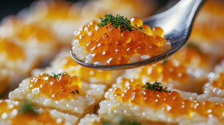 A closeup of a silver spoon holding vibrant caviar atop a gourmet dish, showcasing luxury and elegance in food presentation. Perfect for culinary visuals.の素材
