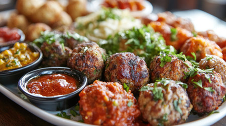 A vibrant plate of meatballs served with various sauces and fresh herbs. Perfect for foodies looking for a delicious meal or appetizer option.の素材