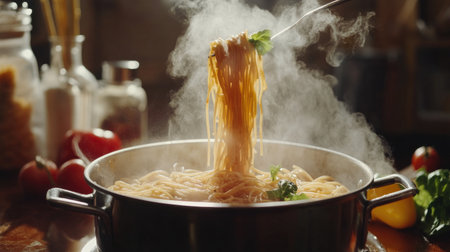 A steaming pot of freshly cooked pasta strands being lifted with a fork, showcasing the aromatic herbs and inviting ingredients for a delightful meal.の素材
