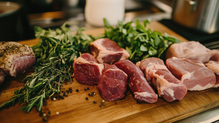 Assorted fresh meat cuts and vibrant herbs arranged on a wooden cutting board. Perfect for culinary preparation and showcasing quality ingredients.の素材