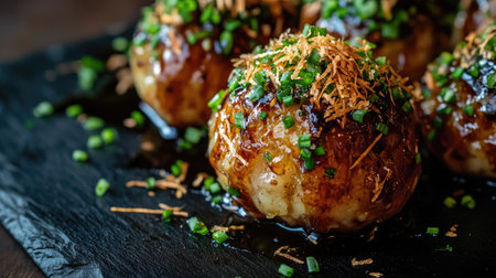Mouthwatering takoyaki balls topped with green onions and flavorful sauce, perfect for food lovers and those seeking authentic Japanese cuisine.の素材