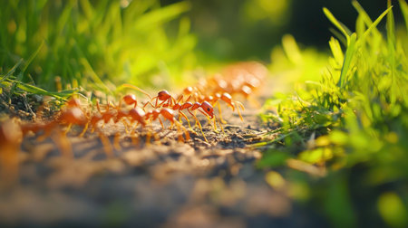 A vibrant scene of ants marching along a sunlit pathway, surrounded by lush grass. This photo captures the beauty of nature and insect life.の素材