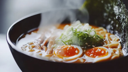 A steaming bowl of ramen featuring soft boiled eggs, fresh greens, and savory broth. Perfect for conveying warmth and comfort in culinary themes.の素材