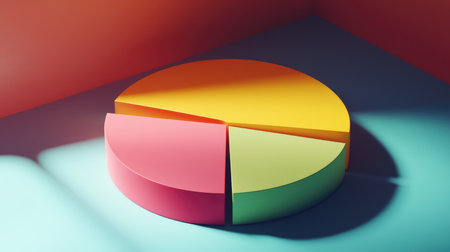 A vibrant abstract pie chart featuring sections in pink, yellow, green, and orange. Ideal for presentations, data analysis, and marketing visuals.の素材