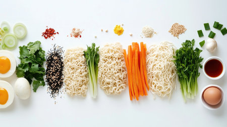 Fresh ingredients are artfully arranged for a vibrant noodle dish. Highlights include carrots, eggs, herbs, sesame, and various spices for culinary inspiration.の素材