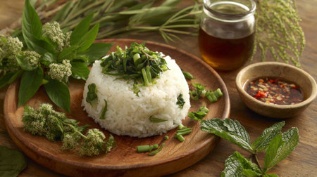 This image showcases a serving of fluffy white rice topped with fresh green herbs, accompanied by a flavorful dipping sauce, creating a vibrant culinary experience.の素材