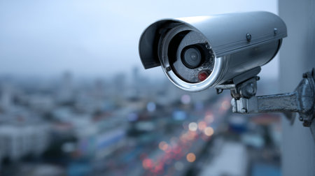 A detailed image of an outdoor surveillance camera positioned high above a bustling urban area, capturing the essence of security technology within a vibrant cityscape.の素材