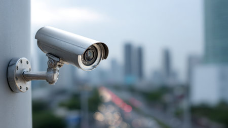 A sleek surveillance camera mounted in an urban environment captures city activities and traffic patterns, showcasing modern safety technology in urban planning.の素材