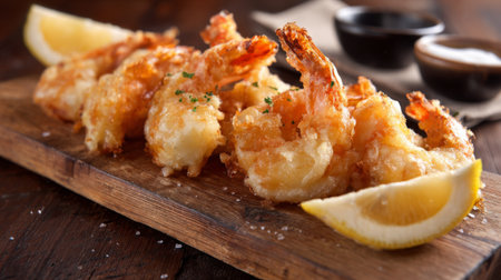Enjoy a delightful presentation of crispy golden fried shrimp served on a rustic wooden board, accented with fresh lemon slices and savory dipping sauces.の素材