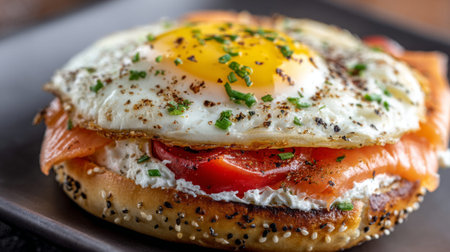 A mouthwatering breakfast bagel showcasing smoked salmon, cream cheese, fresh tomato, and a sunny-side-up egg, perfect for culinary enthusiasts seeking flavor.の素材