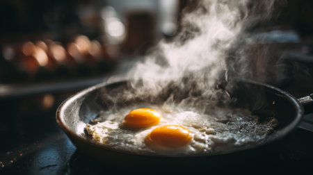 A close-up of two freshly cooked eggs in a sizzling frying pan, surrounded by steam, capturing the essence of morning breakfast in a cozy kitchen atmosphere.の素材