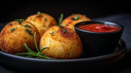Delight in the crispy texture of golden fried balls served alongside rich tomato sauce, garnished with fresh herbs, perfect for any occasion or gathering.の素材