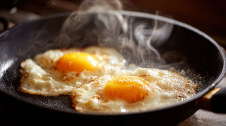 Two sunny-side-up eggs fry in a nonstick skillet, releasing steam and creating a warm atmosphere that embodies comfort and delicious breakfast moments.の素材
