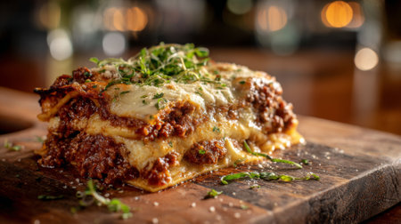 A beautifully plated lasagna featuring layers of rich meat sauce, melted cheese, and fresh herbs. Perfect for showcasing culinary delights in a restaurant setting.の素材