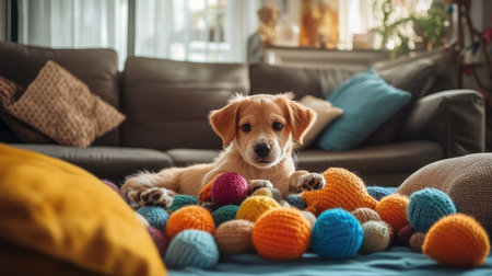 A playful puppy surrounded by vibrant yarn balls in a cozy living room, capturing the essence of companionship and joy in a home environment.の素材