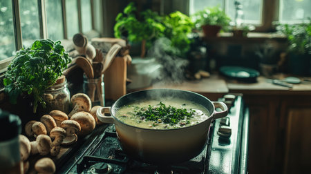 A cozy kitchen setting showcasing a steaming pot filled with fresh herbs and vegetables on the stove, highlighting the art of home cooking and warmth.の素材