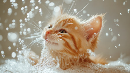 Adorable kitten enjoying a bubble bath with playful splashes. Soft orange fur surrounded by sparkling bubbles captures a moment of joy and innocence.の素材