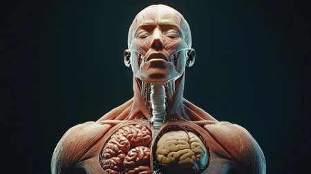 A detailed anatomical model showcasing the human body with visible organs. This 3D illustration features the brain and lungs, ideal for educational purposes.の素材