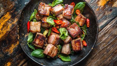 A vibrant plate of savory grilled pork belly garnished with fresh basil and chilies, showcasing rich flavors and appealing textures perfect for any meal.の素材