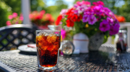 A refreshing glass of iced cola filled with ice cubes sits on a table, with a vibrant garden of flowers in the background, capturing the essence of summer enjoyment.の素材