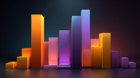 This vibrant 3D bar graph features colorful gradients set against a dark background, perfect for illustrating data visualizations and business insights effectively.の素材