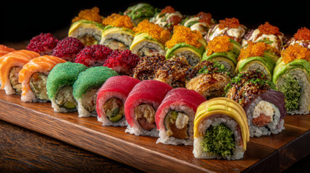 A beautiful arrangement of colorful sushi rolls showcases a variety of toppings and fillings, inviting food lovers to indulge in this exquisite culinary art tradition.の素材