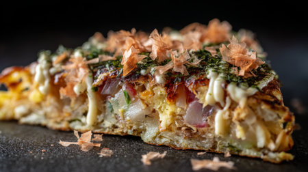 Close-up view of a delectable Japanese okonomiyaki pancake topped with bonito flakes and drizzled sauce, showcasing vibrant colors and enticing textures. Perfect for food lovers.の素材