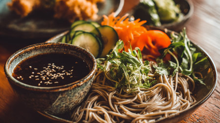 A vibrant bowl of freshly prepared soba noodles served with an assortment of colorful vegetables and a savory dipping sauce, perfect for a healthy meal.の素材