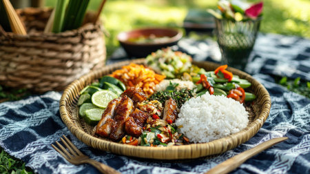 A beautifully arranged plate featuring grilled chicken, rice, and a medley of fresh vegetables, perfect for a healthy outdoor meal or picnic.の素材