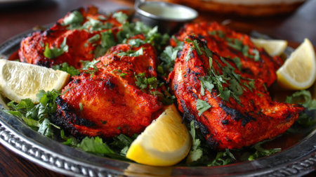 A vibrant and colorful display of grilled chicken tikka served with fresh lemon wedges, garnished with cilantro on a silver plate. Perfect for food lovers.の素材