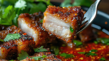 Close-up of crispy pork belly served with a spicy sauce and herbs. This dish features rich flavors and textures, perfect for gourmet cooking enthusiasts.の素材
