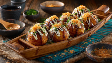 This vibrant Asian snack displayed in a wooden boat showcases delicious flavors and toppings, perfect for food lovers seeking unique culinary experiences.の素材