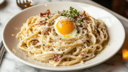 A delicious plate of creamy pasta topped with a fresh egg and herbs. Ideal for enhancing your restaurant menu or showcasing culinary delights.の素材